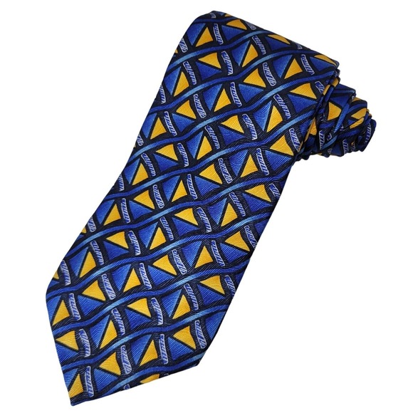 Puritan Other - Vintage 90's Silk Necktie‎ Men's Foulard Fence Patrern Blue & Yellow Geometric